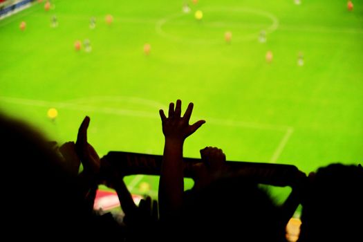 Silhouettes of fans celebrating a goal on football match