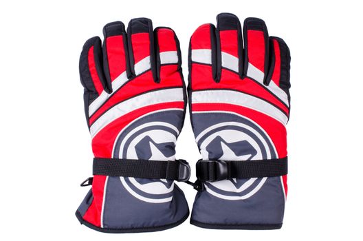 Pair of red white grey ski gloves isolated
