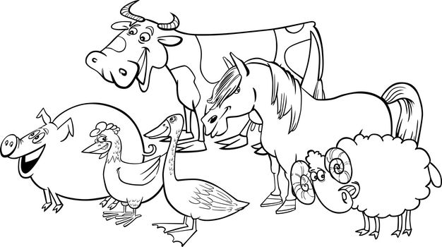 Cartoon illustration of funny farm animals group for coloring book
