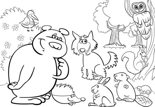 cartoon illustration of wild forest animals for coloring book
