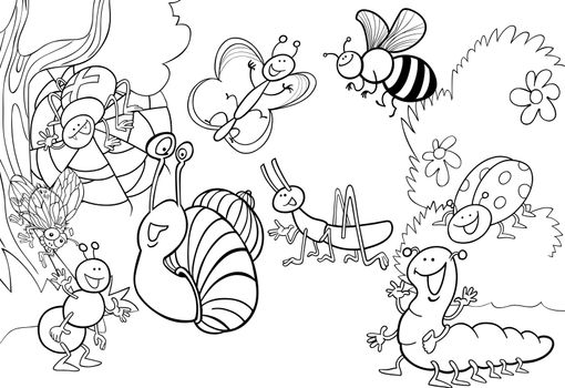 cartoon illustration of funny insects on the meadow for coloring book