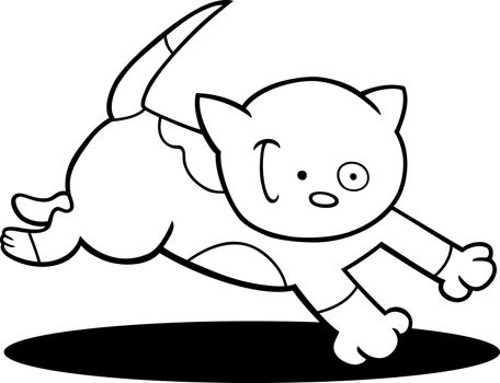 cartoon illustration of running spotted kitten for coloring book