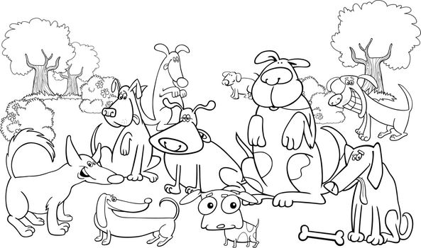 Cartoon Illustration of dogs on the meadow for coloring book