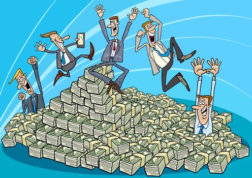 Cartoon Illustration of Happy Successful Businessmen and heap of money