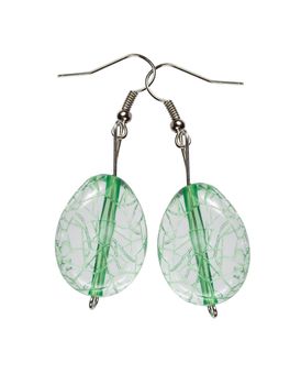 Earrings in transparent green glass on a white background. Collage