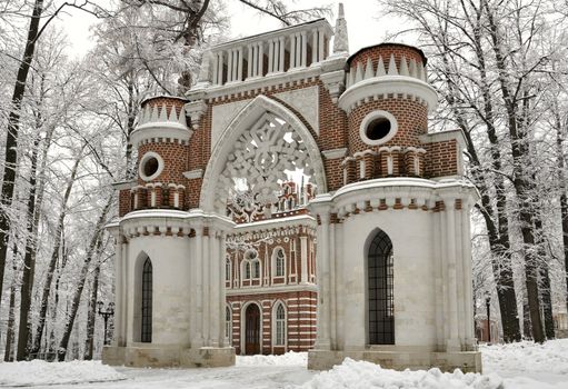 view of the "opera house" through the "grape gate", Tsaritsyno, Moscow, Russia