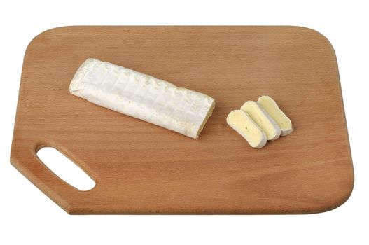 sliced ??brie cheese on a wooden cutting board isolated on white background