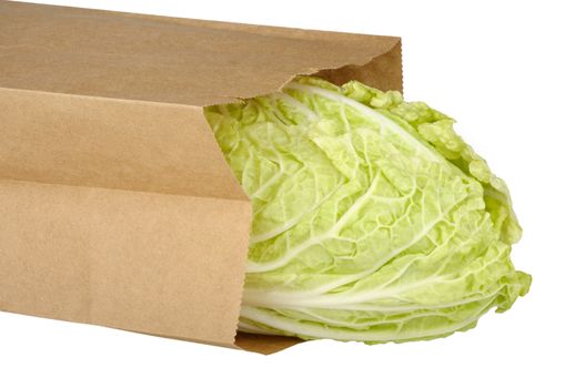 Chinese cabbage in a paper bag isolated on white background