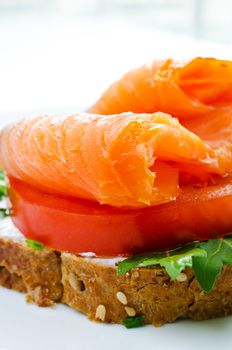 Smoked salmon sandwich with tomato and rye bread close up