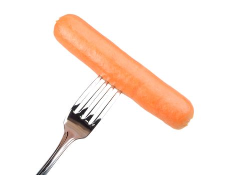 sausage on a fork isolated on white a background