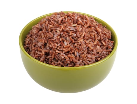 red rice in a green bowl isolated on white a background