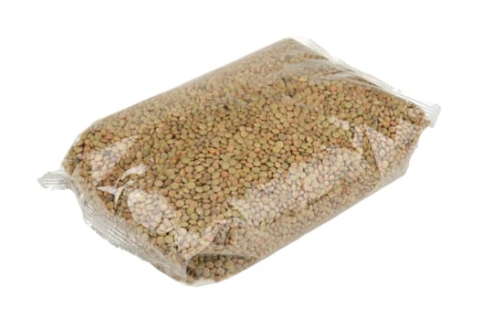 lentils in a package isolated on white background