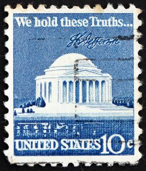UNITED STATES OF AMERICA - CIRCA 1973: a stamp printed in the USA shows Jefferson Memorial and Signature, circa 1973