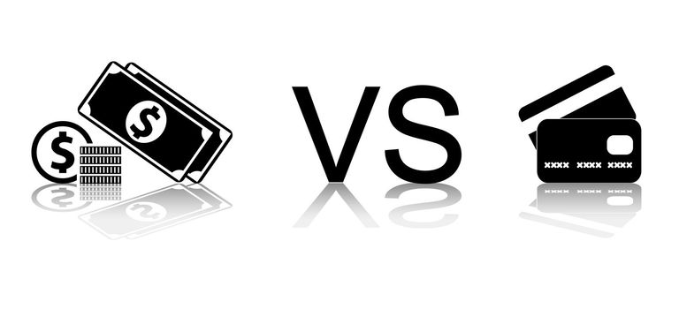 Cash vs card. Black and white vector illustration.