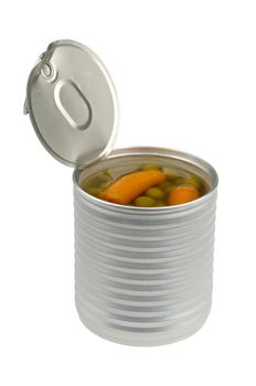 Canned peas and carrots isolated on white background