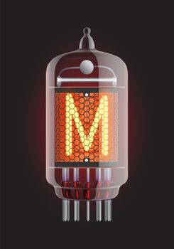 Nixie tube indicator. Letter "M" from retro, Transparency guaranteed. Vector illustration.