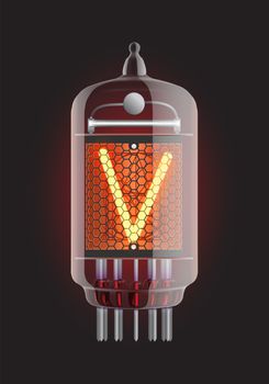 Nixie tube indicator. Letter "V" from retro, Transparency guaranteed. Vector illustration.