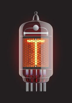 Nixie tube indicator. Letter "T" from retro, Transparency guaranteed. Vector illustration.