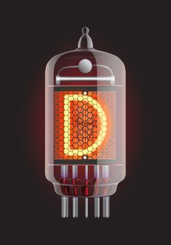 Nixie tube indicator. Letter "D" from retro, Transparency guaranteed. Vector illustration.