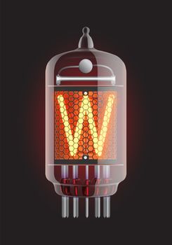 Nixie tube indicator. Letter "W" from retro, Transparency guaranteed. Vector illustration.