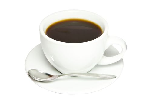 Picture of black coffee in a white cup.