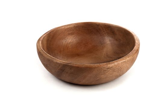 One empty wooden salad bowl on a white background