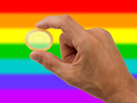 Male giving a condom, rainbow flag pattern, gay pride