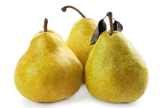 Three ripe and juicy pears on a white background