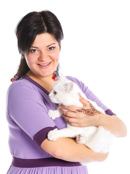 Young pretty woman hold her lovely white cat. Isolated on a white background