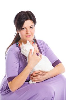 Young pretty woman hold her lovely white cat. Isolated on a white background