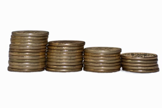 Close up of Indian Coin stack, 5 rupees, isolated on white background, copy space,