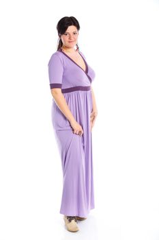 Beautiful young woman in purple, isolated on white background