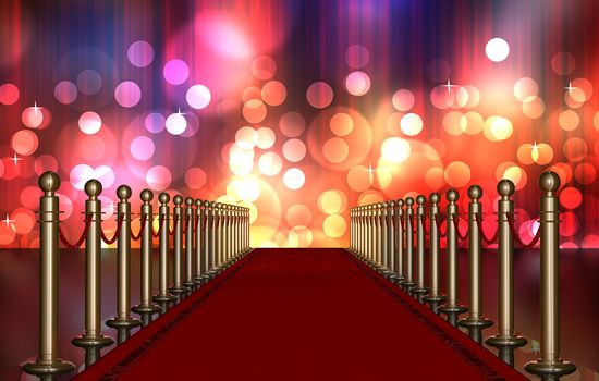 red carpet entrance with the stanchions and the ropes. Multi Colored Light Burst over curtain
