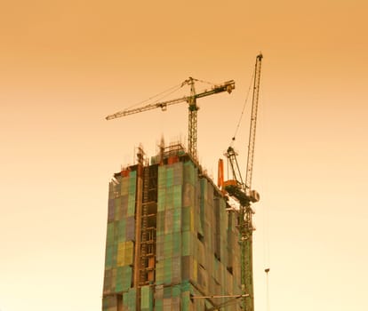 Industrial construction cranes and building at sunrise.