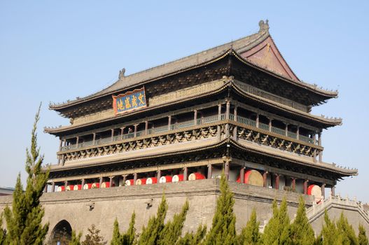 Landmark of the famous historic Drum Tower in Xian China