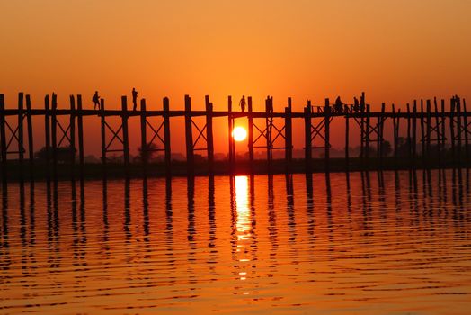 Landscape of the famous old wooden bridge named U Bein in Mandalay,Myanmar