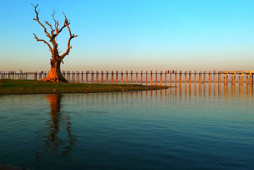 Landscape of the famous old wooden bridge named U Bein in Mandalay,Myanmar