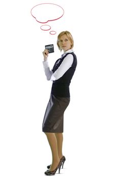 Young business woman with calculator is thinking over