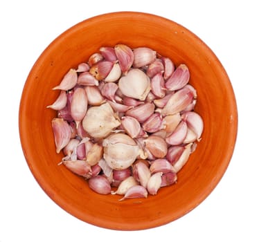 Garlic on a red plate on a white background, isolated