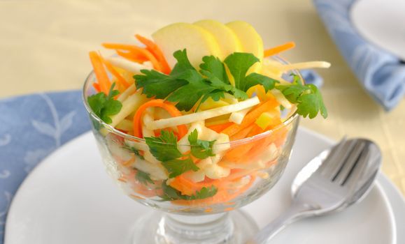 Salad of celery root and leaf, carrot and apple