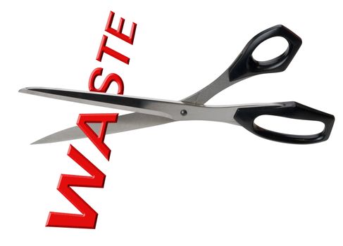 scissors cutting the red word waste, isolated on white