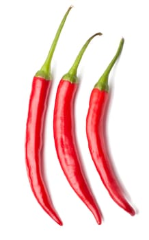 Three red chili peppers over white background