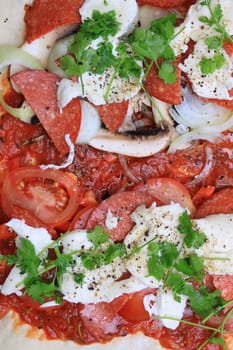 A homemade pepperoni sausage, mozzarella cheese, tomato, mushroom and onion pizza, with fresh coriander, set on a homemade pizza dough base with a homemade tomato sauce. Image viewed from above.