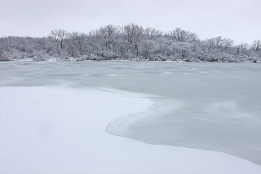 Fresh snowfall over a lake in northern Illinois on a cold winter day.