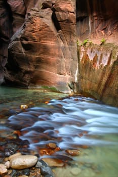 Virgin River flows through The Narrows of Zion National Park in southwestern Utah.