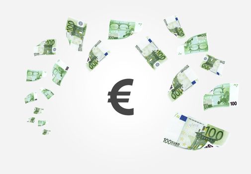 Falling 100 euro money banknotes