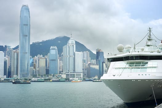 Cruise Liner in Hong Kong. View from Kowloon island