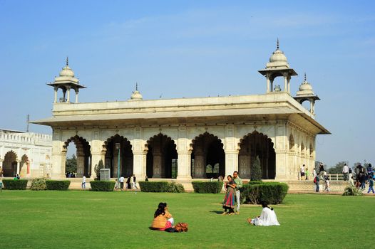 Delhi, India - February 02, 2012: The Red Fort  is a 17th century fort complex constructed by the Mughal emperor Shah Jahan in the walled city of Old Delhi that served as the residence of the Mughal Emperors.  It was designated a UNESCO World Heritage Site in 2007. It covers a total area of about 121.34 acres.