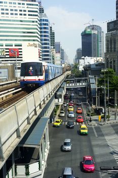 Bangkok, Thailand - March 17, 2012: BTS Skytrain  in Bangkok. The Bangkok Mass Transit System, commonly known as the BTS Skytrain, is an elevated rapid transit system in Bangkok. The system consists of 32 stations along two lines