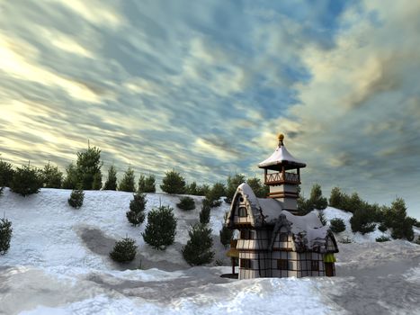 a fairy-tale cottage is by a winter day on a background cloudy sky